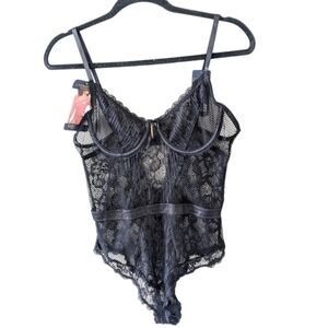 Rachel Roy Bodysuit 1X Black Lace Sheer Underwire One Piece Lingerie New w Tags